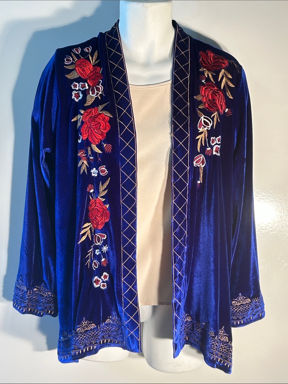 Velzera SZ L Blue Velvet Embroidered Open-Front Cardigan Dressy Boho Romance